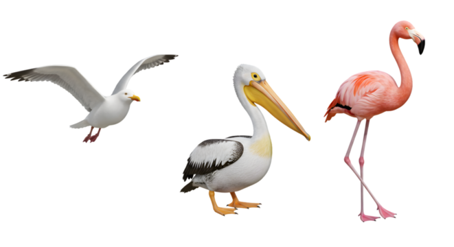 A seagull in flight, a pelican standing, and a flamingo standing against a black background outdoors