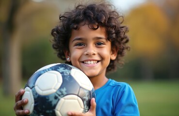 Naklejka premium Joyful kid boy smiles, holds soccer ball outdoor. Happy child plays game, enjoys leisure time. Sport activity, fun, happiness, positive emotions concept. Boy has active lifestyle, celebrates goal.