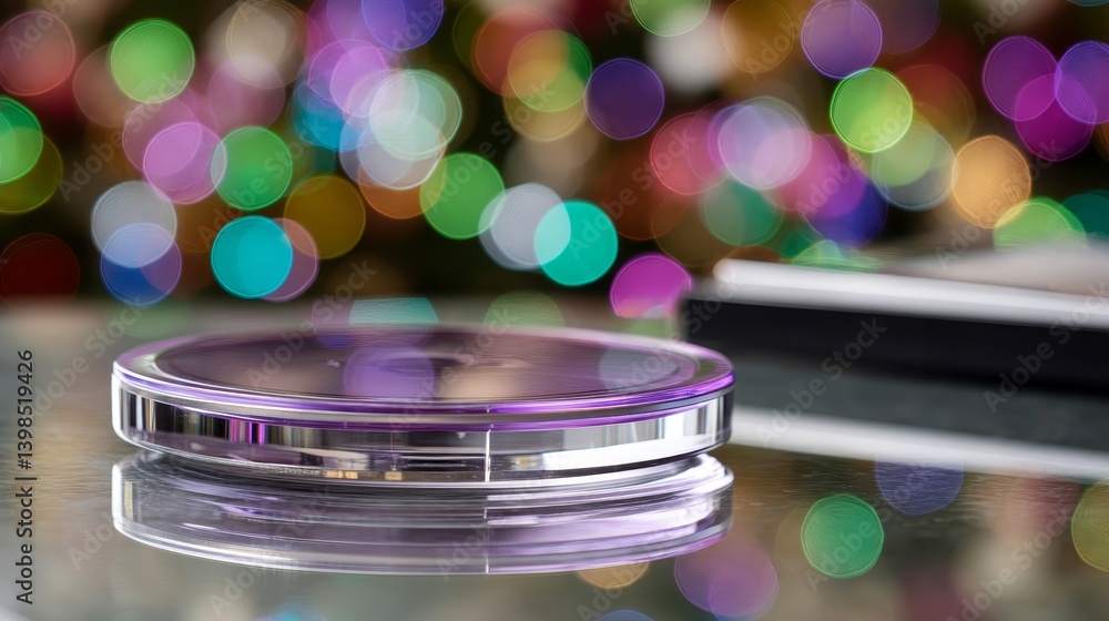 Poster Close-up of a futuristic device in soft focus, showcasing a vibrant bokeh background with digital reflections, enhancing a contemporary tech atmosphere