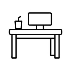 Office desk with computer and drink vector icon illustration for workplace design concept