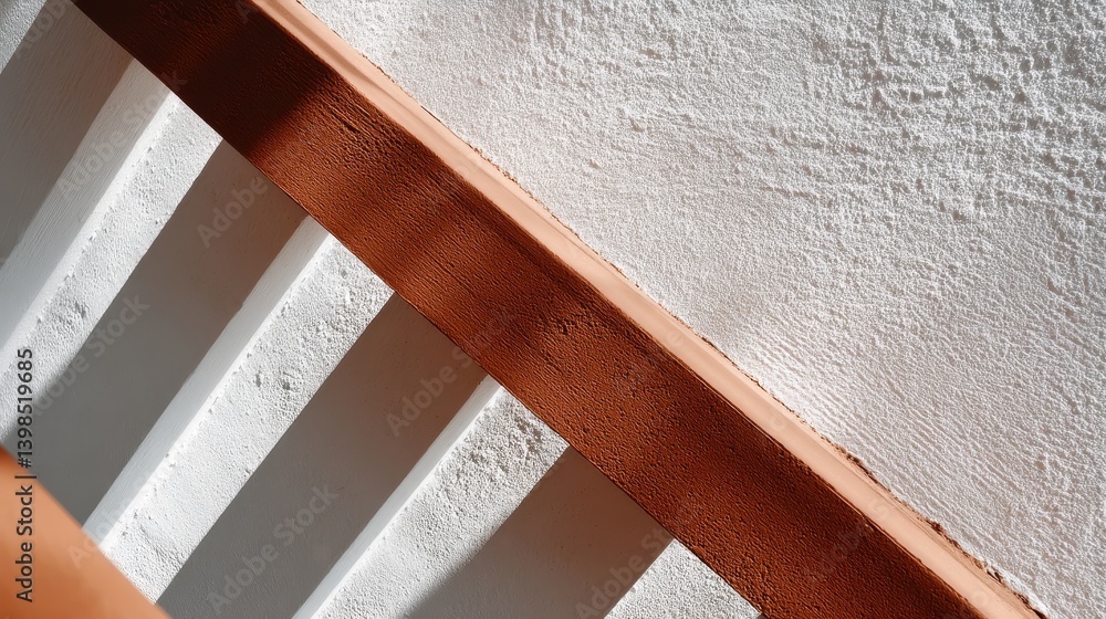 Poster Orange light casts sharp diagonal shadows, highlighting a textured white wall. The composition features a minimalist pattern, creating effective copy space