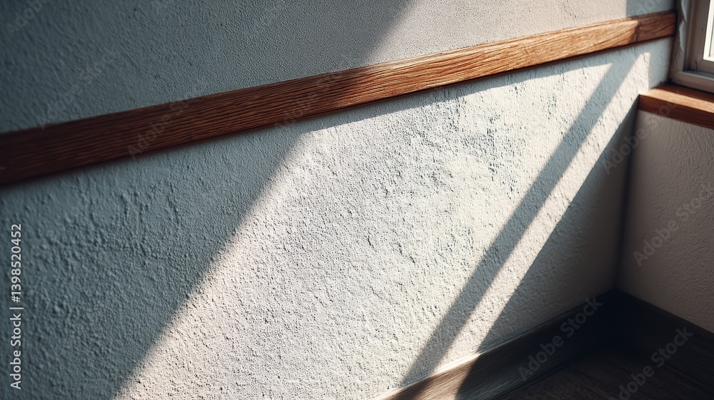 Aufkleber amber projections create geometric shadows on white walls, highlighting textures in a minimalist int
