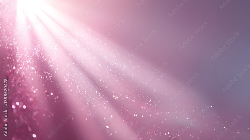 Poster soft pastel pink background accentuated by radiant white beams and scattered sparkles evokes a magic
