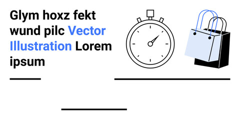 Stopwatch represents urgency next to shopping bags, suggesting quick shopping, discounts, or limited-time offers. Ideal for retail, e-commerce, sales, time management, deals promotions flat landing