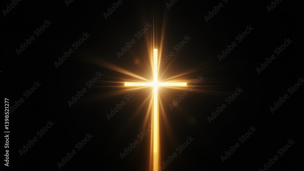 Poster a brightly lit christian cross with rays of light emanating from it against a dark background.