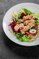 Tuna salad canned fish mixed green leaf lettuce seafood appetizer vegetable dish organic fresh tasty gourmet food background on the table rustic top view copy space vegetarian food pescetarian diet