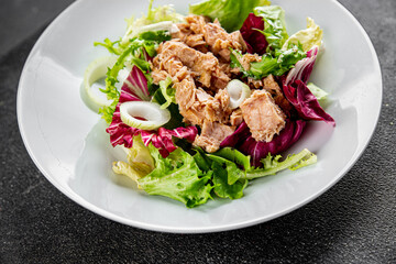 Tuna salad canned fish mixed green leaf lettuce seafood appetizer vegetable dish organic fresh tasty gourmet food background on the table rustic top view copy space vegetarian food pescetarian diet
