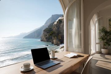 Laptop is open on a desk overlooking the ocean