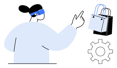 Person wearing VR headset pointing at shopping bags and a gear icon. Ideal for virtual reality, online shopping, technology, user interaction, ecommerce, digital innovation, futuristic concepts