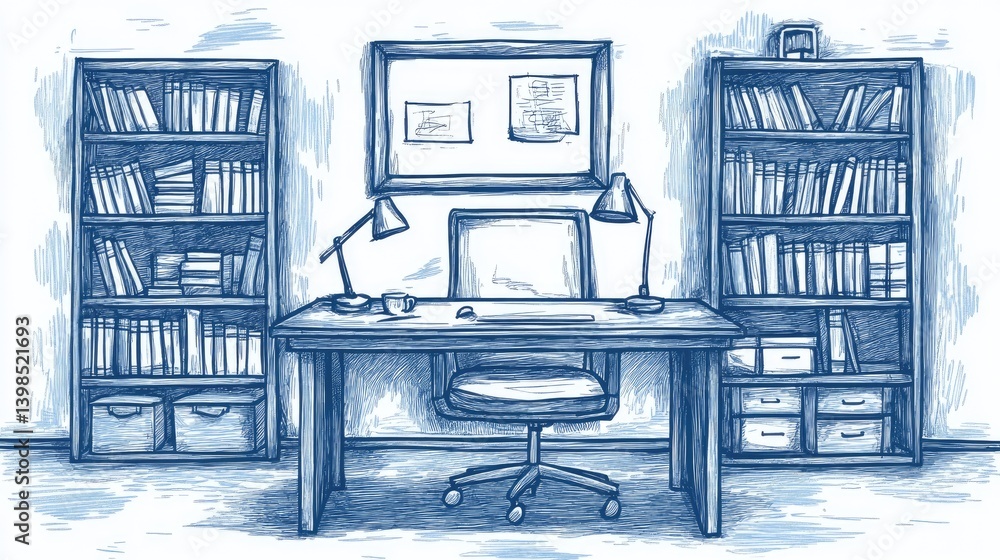 Poster an illustration of a workspace featuring a desk between two bookshelves. the desk holds a computer a