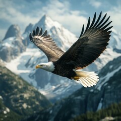 Obraz premium Majestic Bald Eagle in Flight Over Snow-Capped Mountains Showcasing Its Powerful Wingspan Against a Stunning Natural Landscape