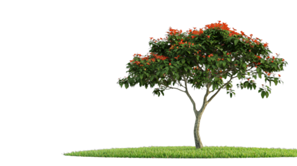 a tree with green grass and red flowers on a transparent background, PNG image, PNG file, Generative art.