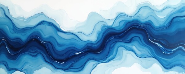 Abstract art with flowing blue paint texture. Modern luxury wallpaper design with waves, lines, splashes. Ink painting with fluid watercolor effect. Elegant background for decoration, artistic themes.