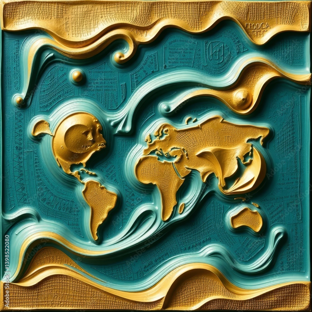 Poster An artistic relief of the world map in bold turquoise and gold, featuring flowing waves and a textured background, creating a captivating three-dimensional effect.
