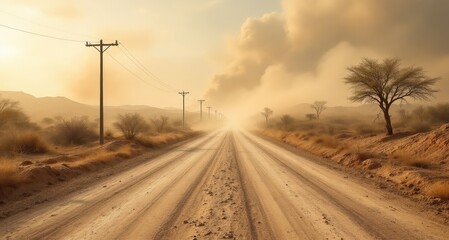 great  depression. Dusty road stretches into the horizon, surrounded by sparse trees and distant smoke, evoking a desolate, atmospheric landscape.