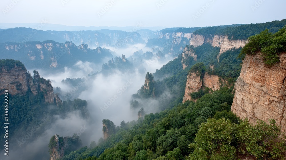 Poster majestic rock formations rise above a shroud of mist, creating a serene atmosphere in a breathtaking