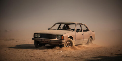 great  depression. Abandoned car in a dusty landscape, showcasing decay and neglect in a barren environment.