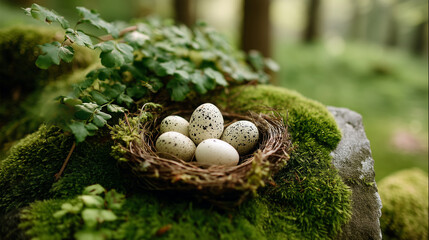 Obraz premium Nature-inspired Easter scene with painted eggs resting in a bird nest on a mossy rock in the woods. Great for eco, rustic, and organic visuals.