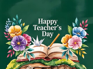 A vibrant bouquet of flowers adorns an open book celebrating a heartfelt Happy Teacher's Day against a rich green background with watercolor textures.