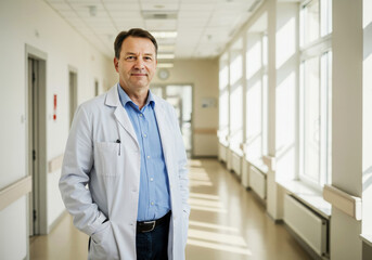 Fototapeta premium Portait of confident mature male doctor standing in hospital