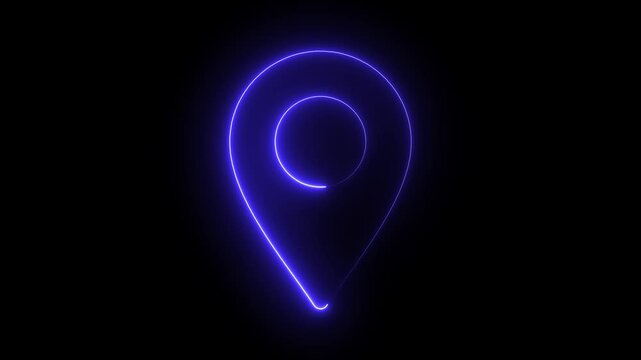 glowing neon blue color location animation icon searching place address travel direction road signs map circle animated signs symbol on black background . Map pin location sign icon vector illustratio