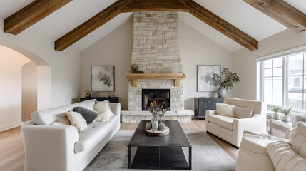Large living room with a fireplace and a TV