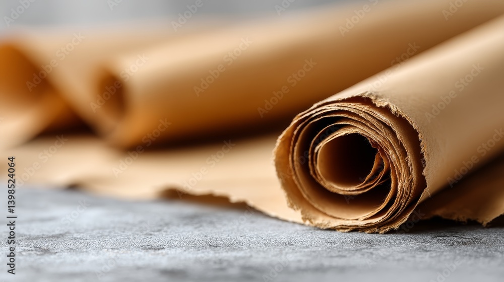 Poster A coiled parchment scroll elegantly unfurls across a smooth gray surface, showcasing its frayed edges for a natural, organic appearance and offering ample copy space