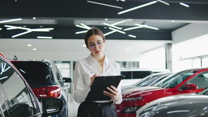 Sales consultant reviews automotive options while guiding customers in a modern car dealership during daytime hours
