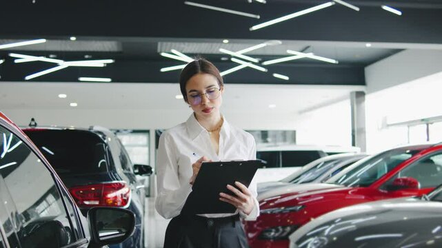 Sales consultant reviews automotive options while guiding customers in a modern car dealership during daytime hours