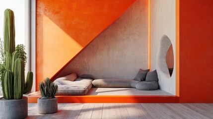 Orange modern apartment sunlit alcove seating area