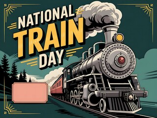 A majestic steam engine celebrating National Train Day, chugging through a nostalgic landscape with vintage poster art style.