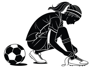 Obraz premium Female Soccer Player Tying Shoes – Pre-Game Preparation Vector – Girl Footballer Focused Moment