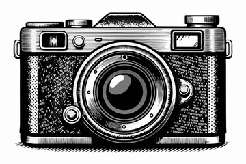 Detailed vintage camera illustration with lens and textured body in black and white tones design art