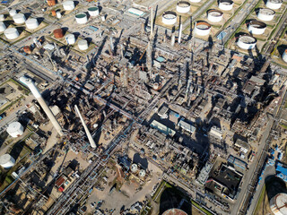 Oil refinery aerial view, shot from a drone. Production of oil and chemicals.
