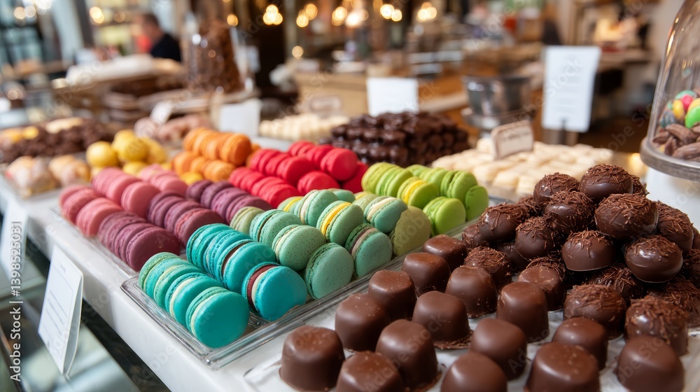Fototapete Artisan macarons in vibrant colors line up next to glossy chocolates, reflecting soft light from the chandelier, creating a tempting display in the bakery