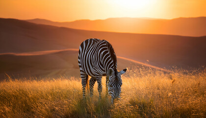 Zebra standing alert on sunlit savannah with glowing horizon in the background