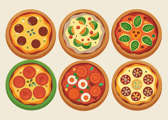 Illustration showcasing six different pizza variations with various toppings and crusts arranged neatly together