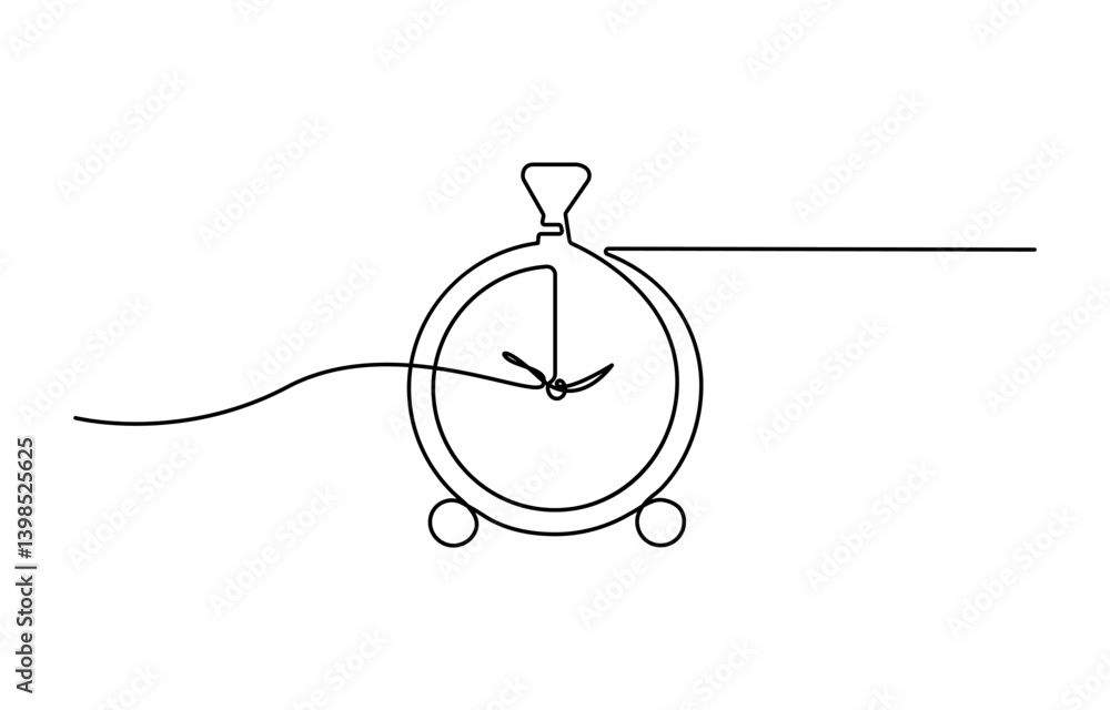 Poster continuous one line drawing of clock. clock linear icon, single line art draw of vintage alarm clock