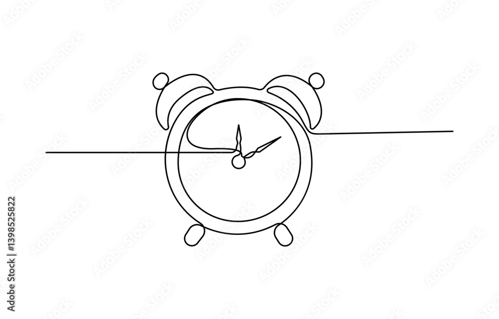 Poster continuous one line drawing of clock. clock linear icon, single line art draw of vintage alarm clock