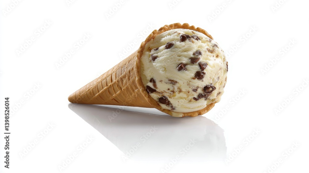 Poster creamy vanilla ice cream mixed with chocolate chips is elegantly displayed in a crisp waffle cone ag