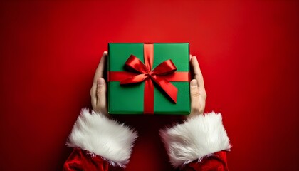 Hands holding a wrapped green gift box with a red bow in a festive red background.