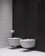 Stylish gray bathroom interior with terrazzo floor, white and wooden wall, and double white sink with square mirror and bide, toilet, wooden vanity. 3d rendering copy space Mock up