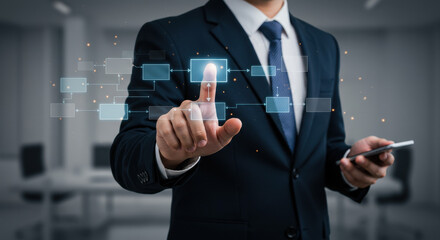  Business Automation: Man Interacting with Digital Workflow, Optimizing Processes and Strategy, Using Technology & Mobile Devices