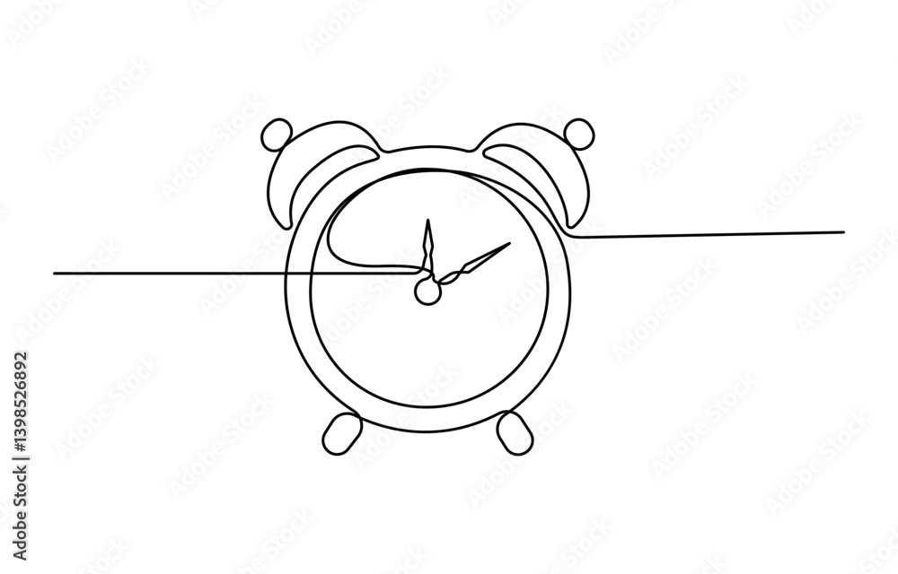Poster continuous one line drawing of clock. clock linear icon, single line art draw of vintage alarm clock