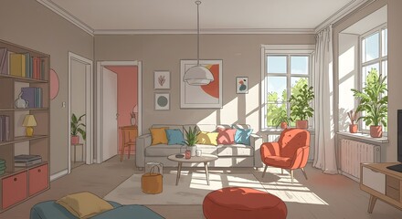 Sketch of Modern Scandinavian living room with stylish furniture and contemporary decor