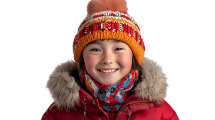a little boy wearing a red hat and a red jacket with a scarf smiling on a transparent background, PNG image, PNG file, Generative art.