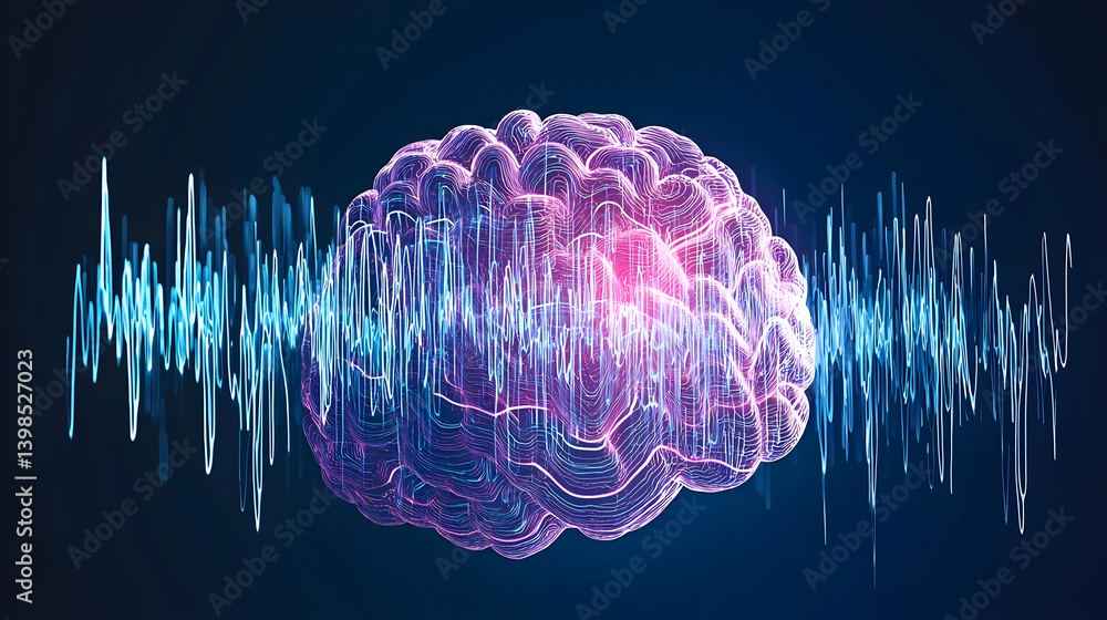 Poster abstract brain visualization with glowing colors and data waves