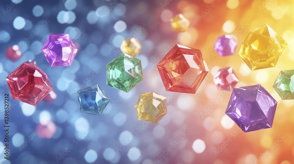 Poster colorful geometric shapes float against vibrant bokeh background, creating dynamic and lively atmosp