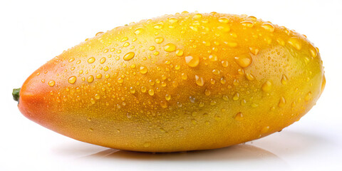 A ripe mango lies on a white surface, glistening with droplets of water. Its rich yellow-orange hue highlights the fruit's freshness and natural appeal, inviting a taste