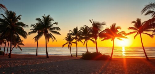 Golden sunset illuminates palm trees silhouetted against a tranquil beach, landscape, photography